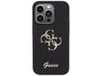 GUESS silikonski ovitek za iPhone 15 Pro Max, črna z bleščicami in zlatim logom, GUHCP15XHG4SGK