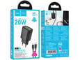 HOCO polnilec N61 GaN PD 20W USB-A, Type C s kablom Type C na Lightning za iPhone - črn