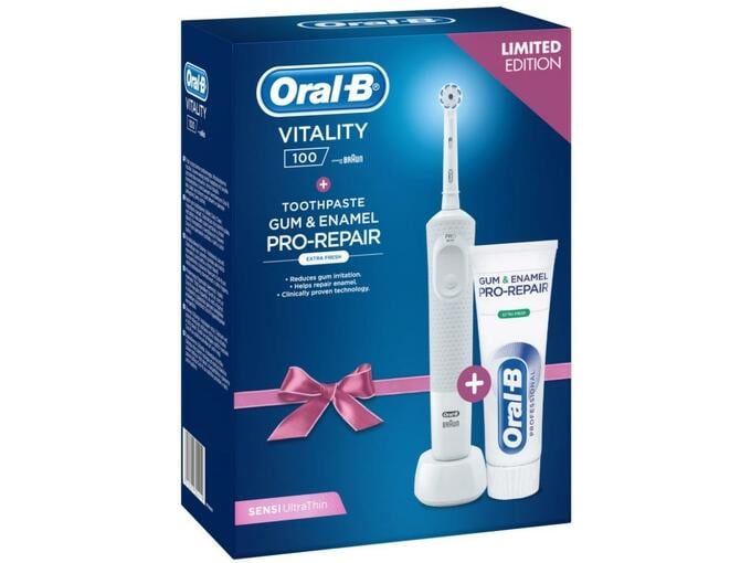 ORAL B električna zobna ščetka + zobna pasta VITALITY D100 WHITE SENSITIVE 4210201304210